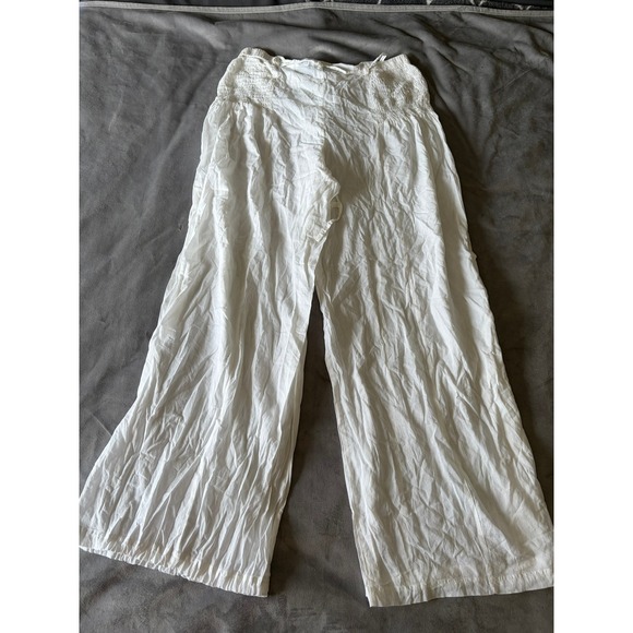 Kaktus Womens White 100% Cotton Wide Leg Smocked Waist Beach Pants Large - Picture 2 of 3